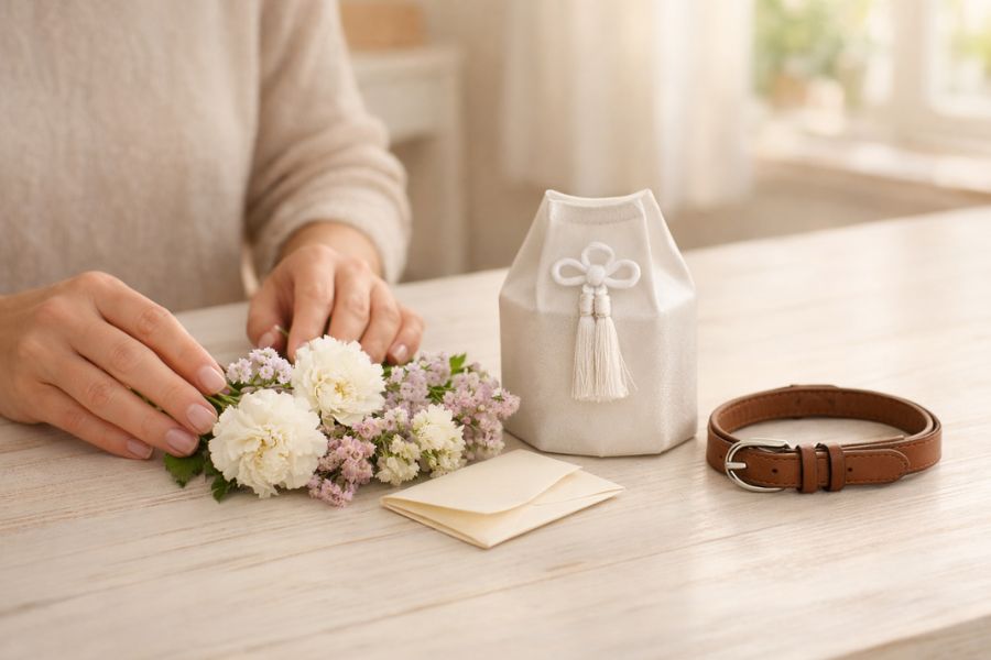 白いテーブルに白いカーネーションと手紙と骨壺カバーを並べ花を整える日本人女性の手元