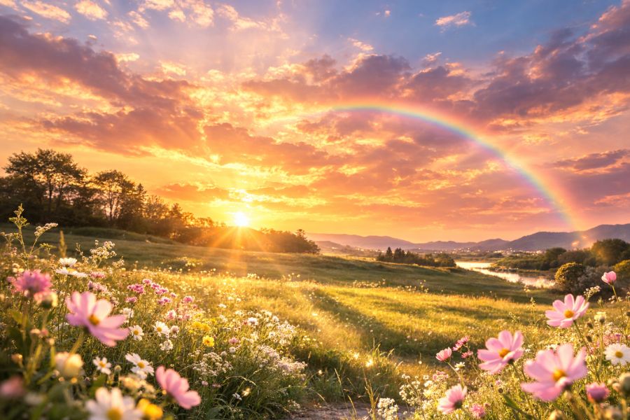 虹がかかる夕暮れの草原と野花の風景
