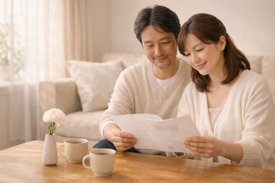 自宅リビングのソファで白い花とコーヒーカップが置かれたテーブルを前に、パンフレットを一緒に見る日本人の夫婦