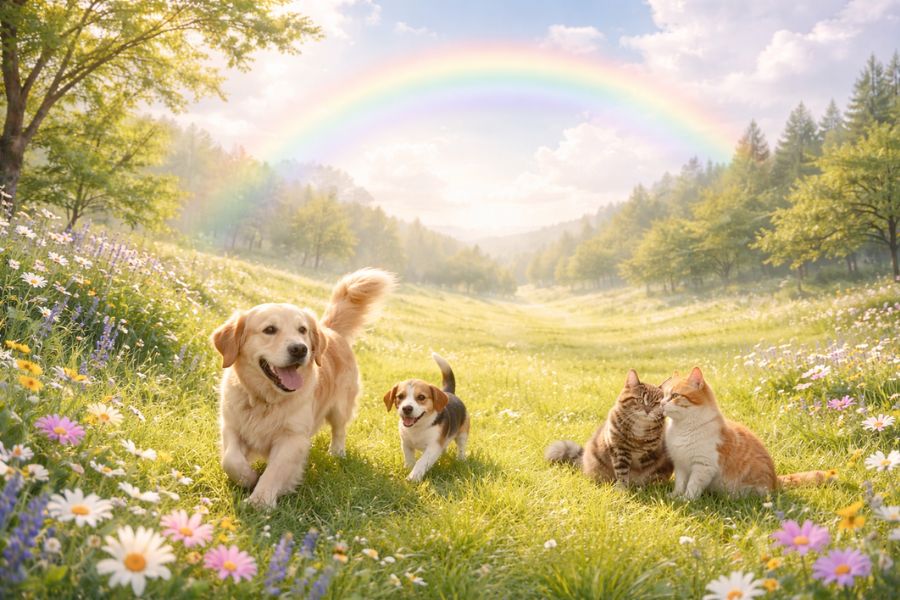 色とりどりの花が咲く緑の草原で犬と猫が楽しそうに過ごし、遠景に虹の橋と輝く青空が広がる風景