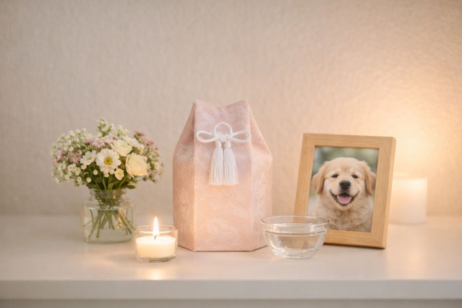 ペット火葬後の手元供養メモリアルコーナーに飾られたお花と写真
ペット火葬後の手元供養メモリアルコーナーに飾られたお花と写真