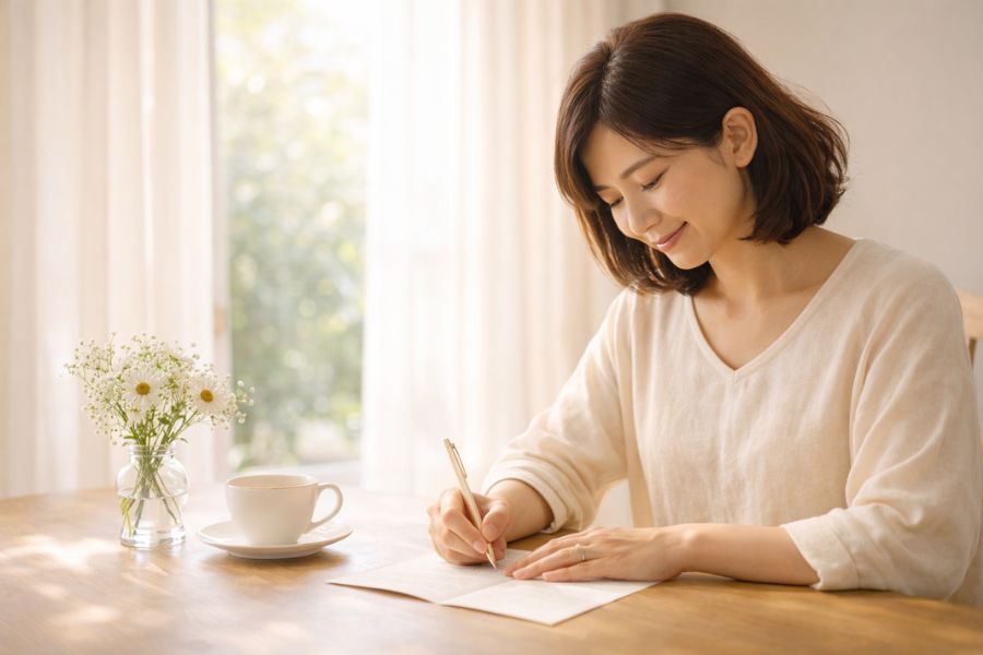 窓辺の机で便箋に手書きをする日本人女性の手元と白い花のある風景
