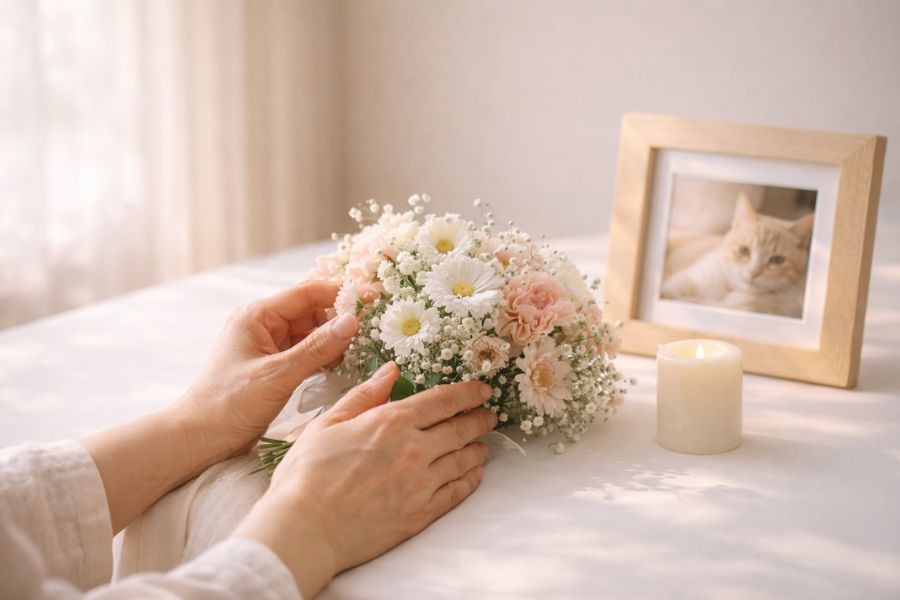 白いテーブルの上の白とピンクの花束とキャンドルに触れる日本人女性の手元