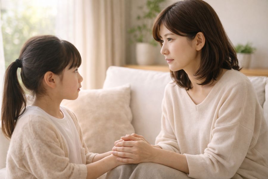 リビングのソファで静かに手をつなぎ向き合う日本人の母と女の子