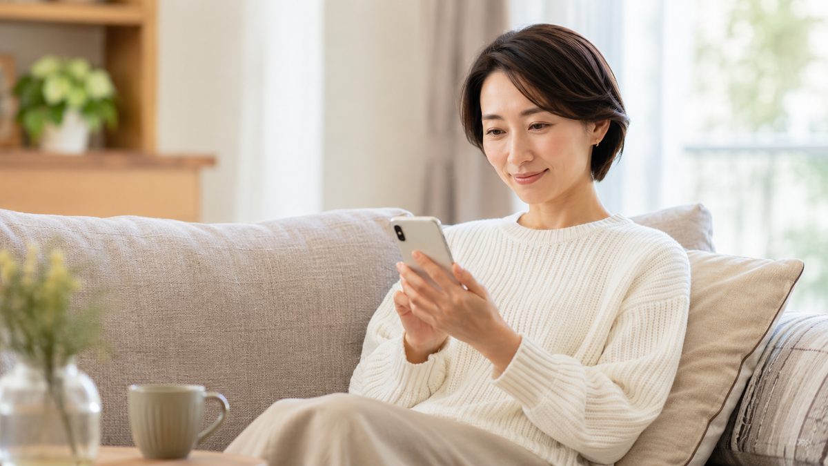 ソファでスマートフォンを見る穏やかな表情の女性