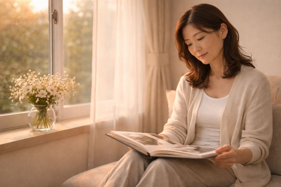 
夕暮れの窓辺で愛猫のアルバムを静かに見つめるペットロスと向き合う飼い主