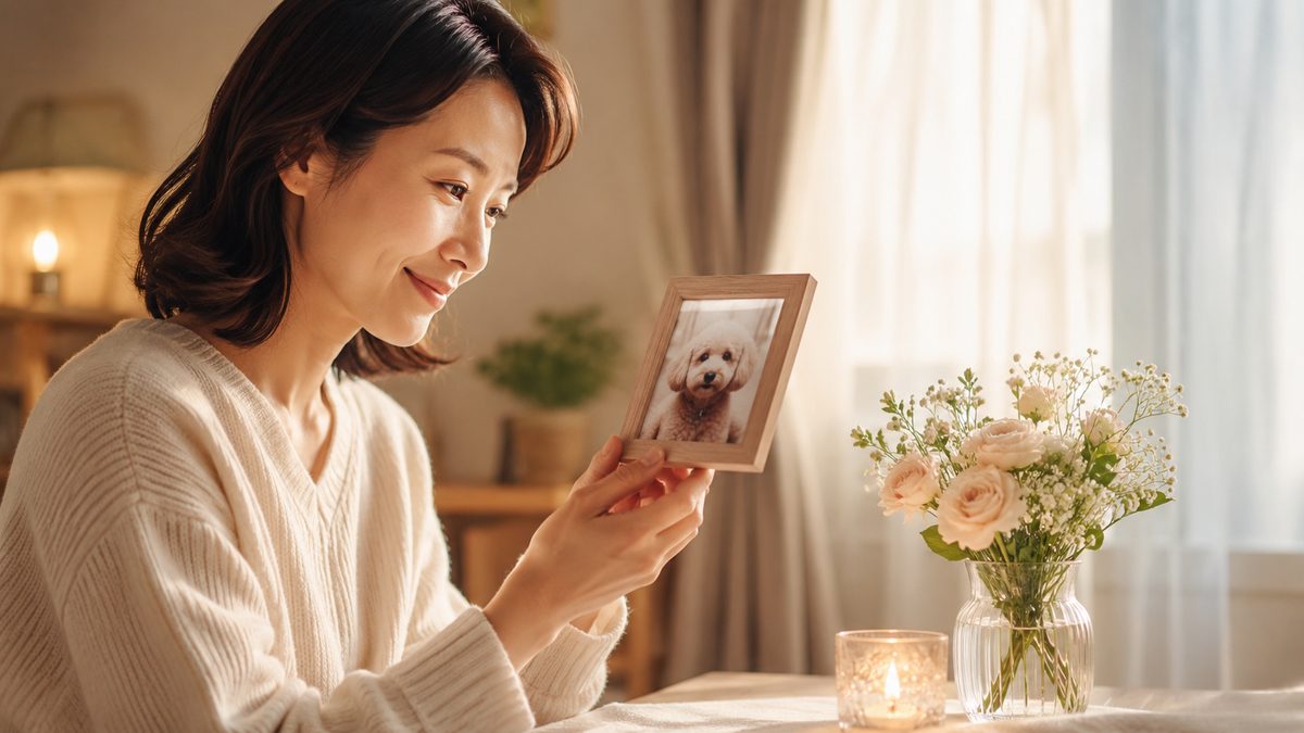 愛犬の写真立てを優しい笑顔で見つめる日本人女性と、そばの花とキャンドル
