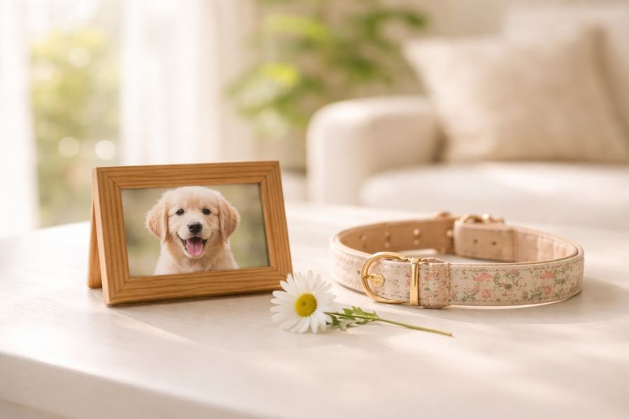 白いテーブルの上に置かれた犬の写真フレームと首輪と白い小花