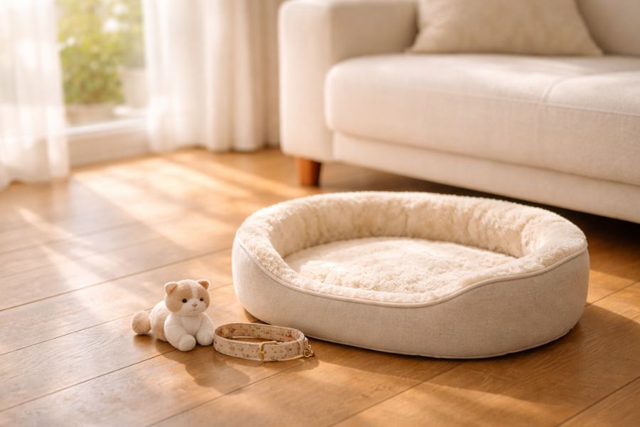 リビングのソファ横に置かれた空の猫用ベッドとぬいぐるみと首輪