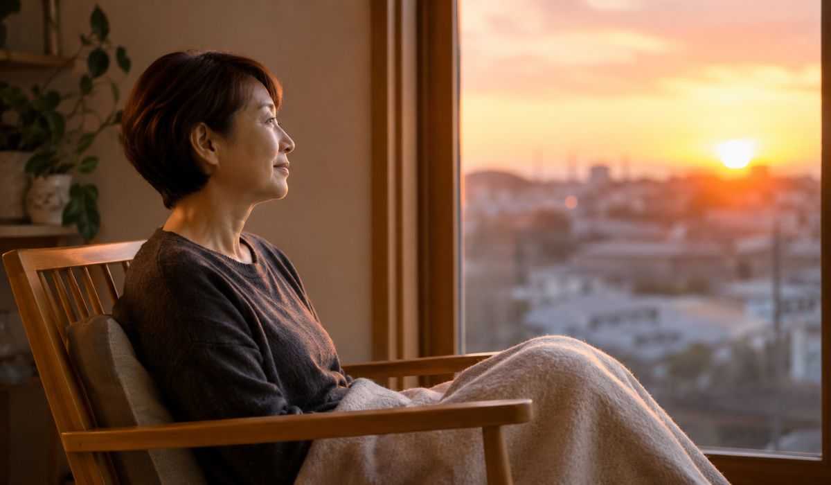 夕暮れの窓辺の椅子で淡いベージュのブランケットを膝にかけて遠くを眺める日本人女性の横顔と暖色の逆光