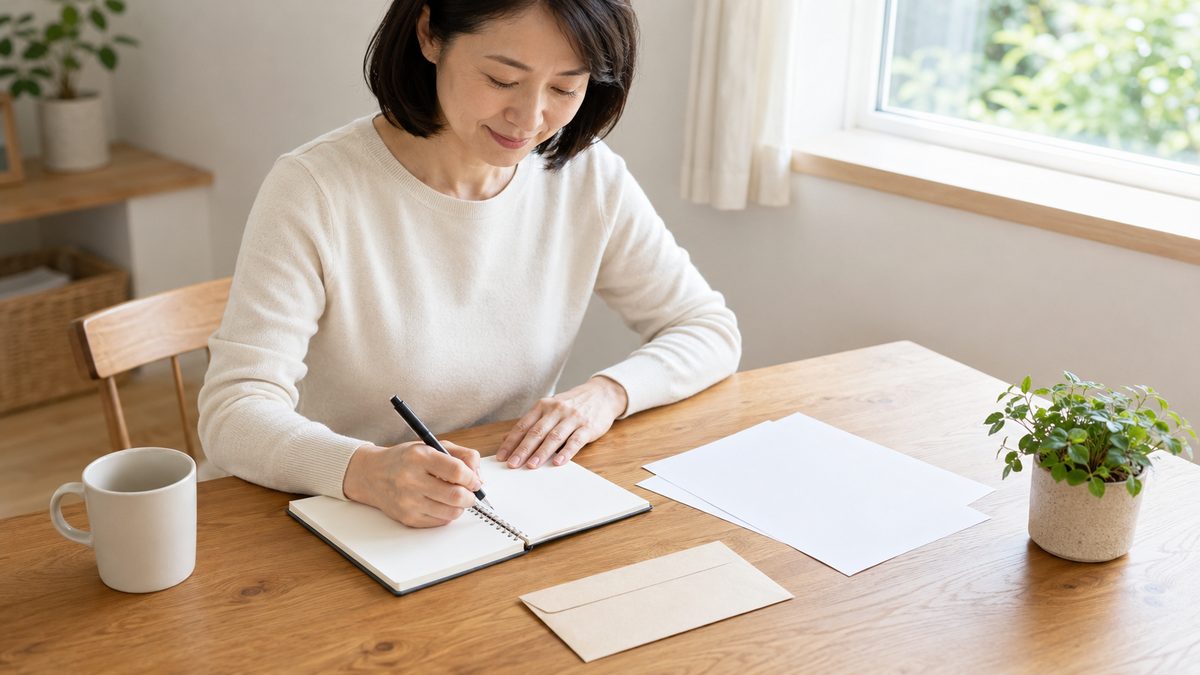 ダイニングテーブルでノートに書きとめる女性と封筒や書類