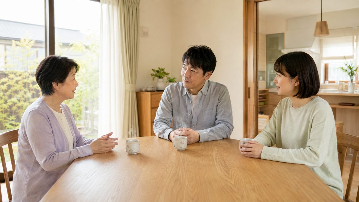 ダイニングテーブルで湯呑みを前に話し合う三人の家族