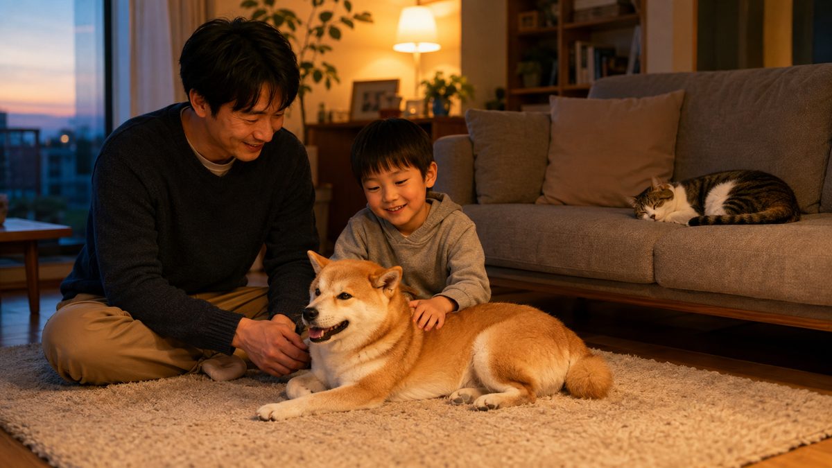 リビングで柴犬をなでる父親と男の子、ソファでくつろぐ猫