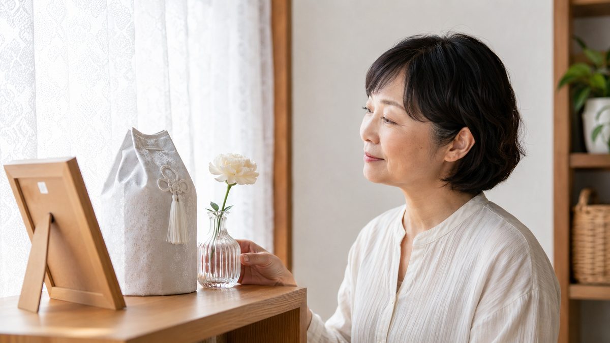 窓辺の棚に置かれた布に包まれた骨壺と一輪の花を見つめる女性