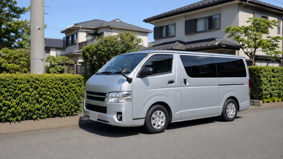 住宅街の道路に停まっているシルバーのハイエース