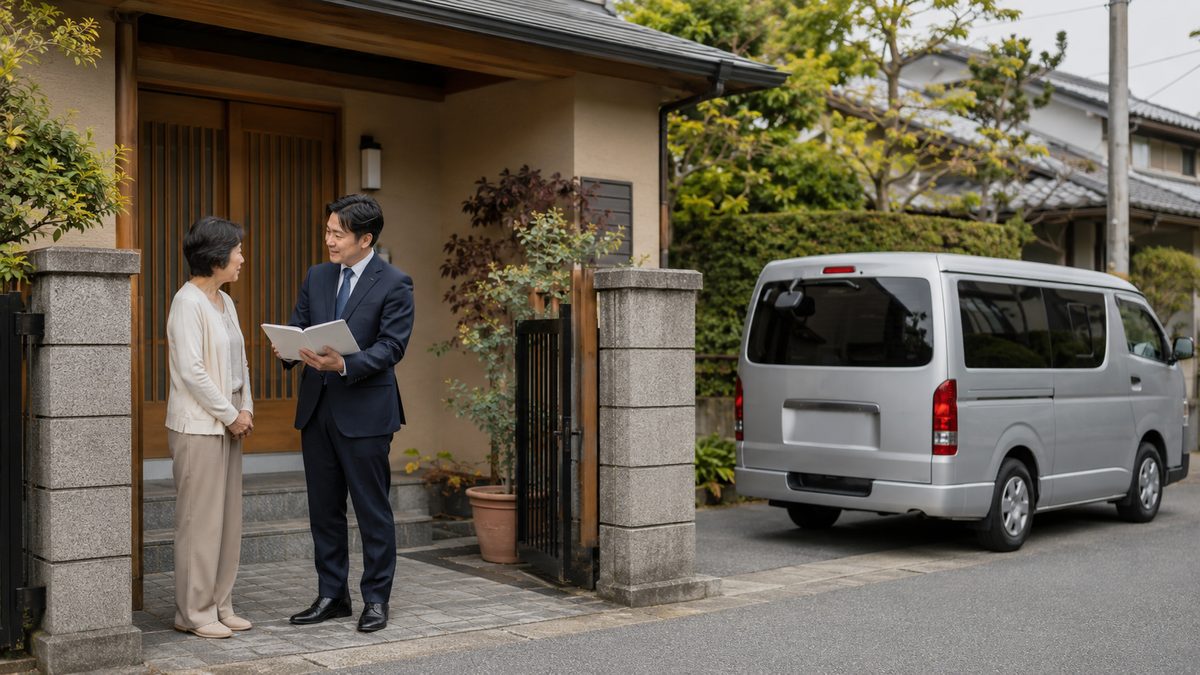 玄関先で書類を手に説明するスーツ姿の男性と話を聞く女性
