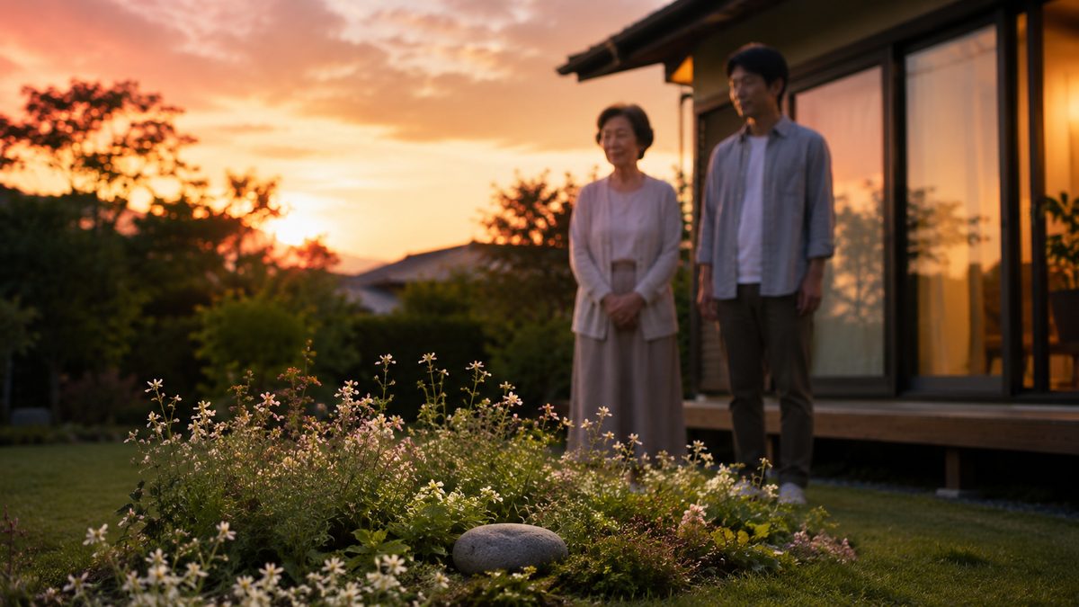 夕暮れの庭で草花と石を静かに見つめて立つ二人