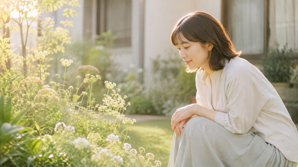 朝の庭で草花を静かに見つめてしゃがむ女性