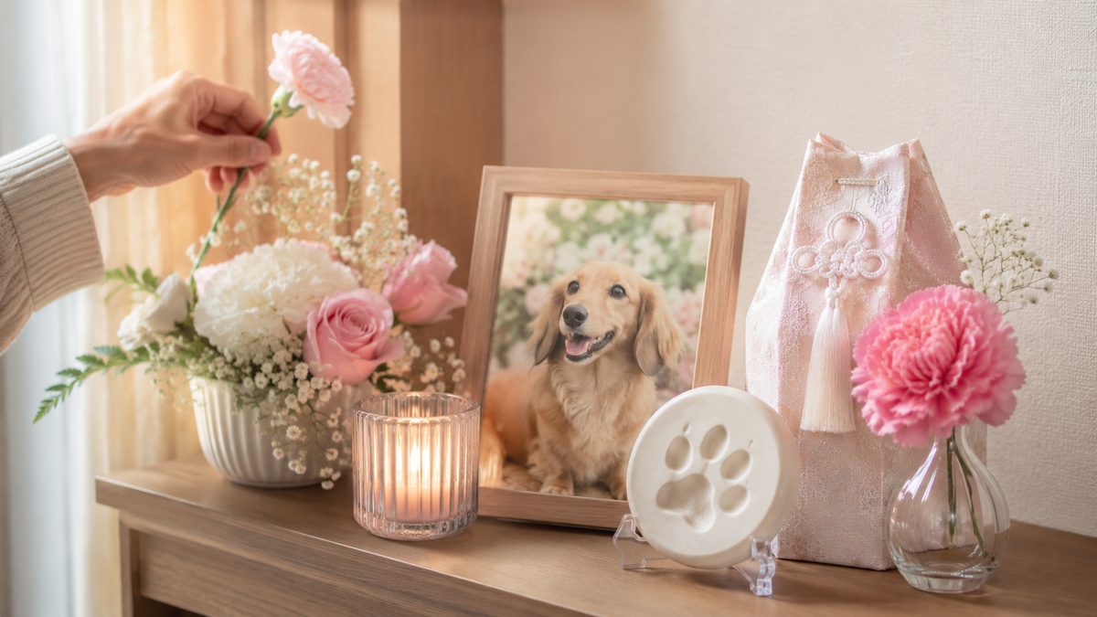 棚に飾られた犬の写真立て・肉球の置物・骨壺カバー・キャンドルと、花を生ける手