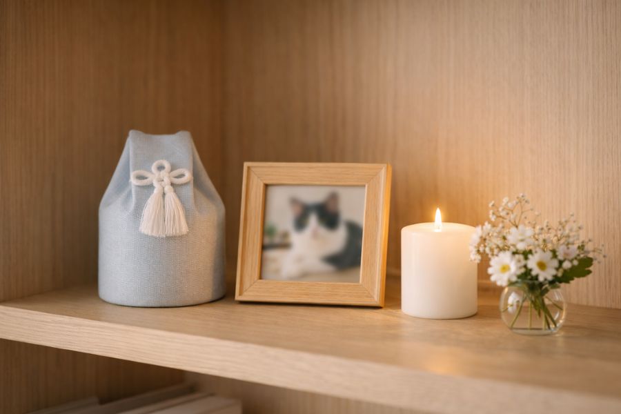 骨壺カバーと白い花と写真立てが飾られた自宅のペット供養メモリアルコーナー