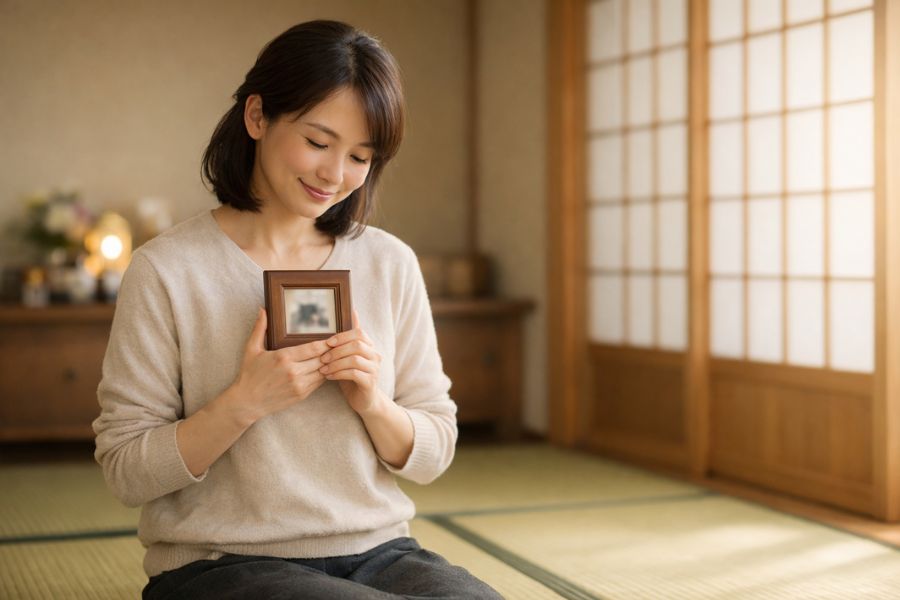 和室の畳に正座し小さなペットの写真立てを胸元に抱えて微笑む日本人女性