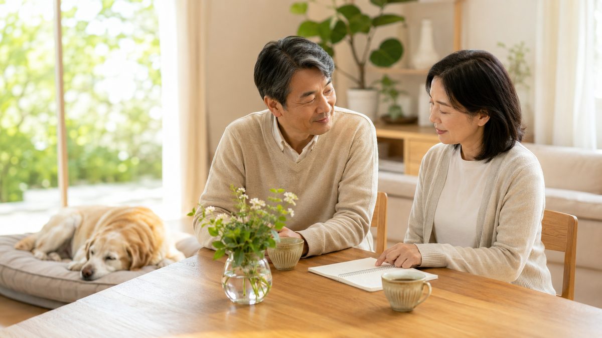 明るいリビングで穏やかに語り合う日本人の夫婦と、そばで安心して眠るシニア犬