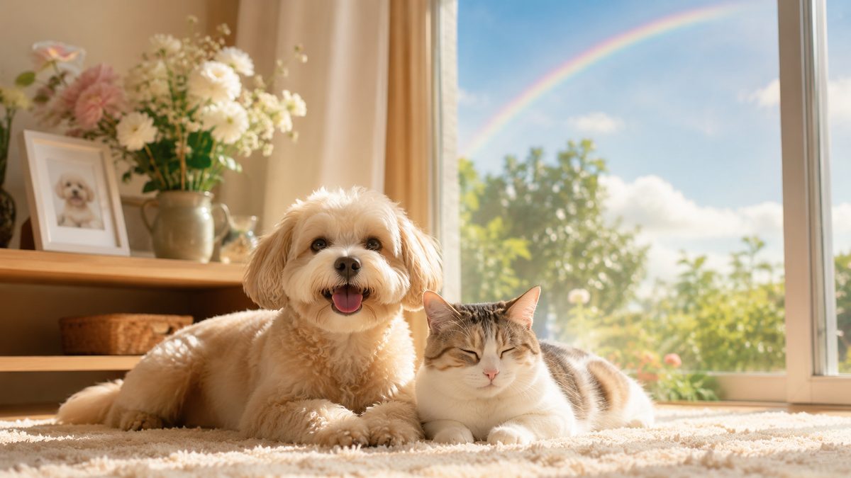 明るい窓辺のリビングで寄り添う小型犬と猫、窓の外の空に虹がかかっている