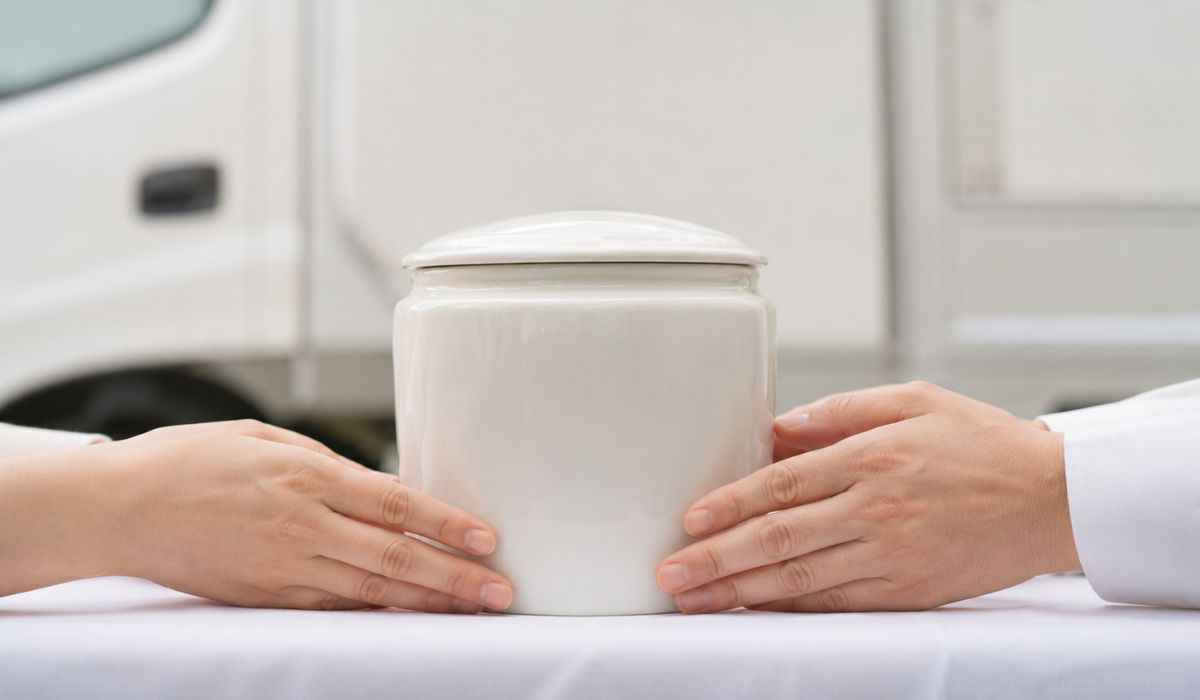 年配の手と中年の手が両側から白い陶器の骨壺をそっと包み込んでいる手元のクローズアップ