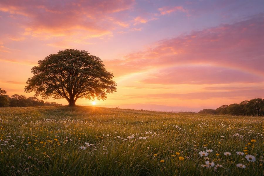 夕焼けの草原に広がる穏やかな光と虹の橋を思わせる風景