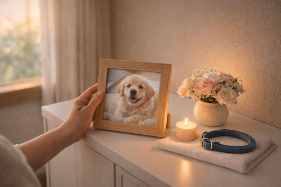 ペットの写真立てや花が飾られた自宅のメモリアルコーナー