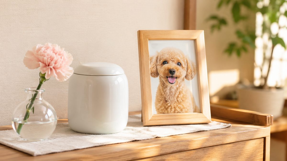 木製の写真立てと白い骨壺、一輪の花が並ぶリビングの棚