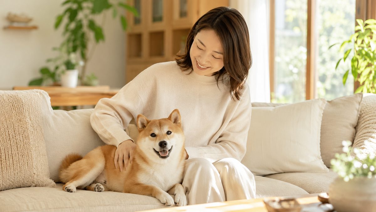 ソファで健康な柴犬に寄り添い穏やかにほほえむ日本人女性