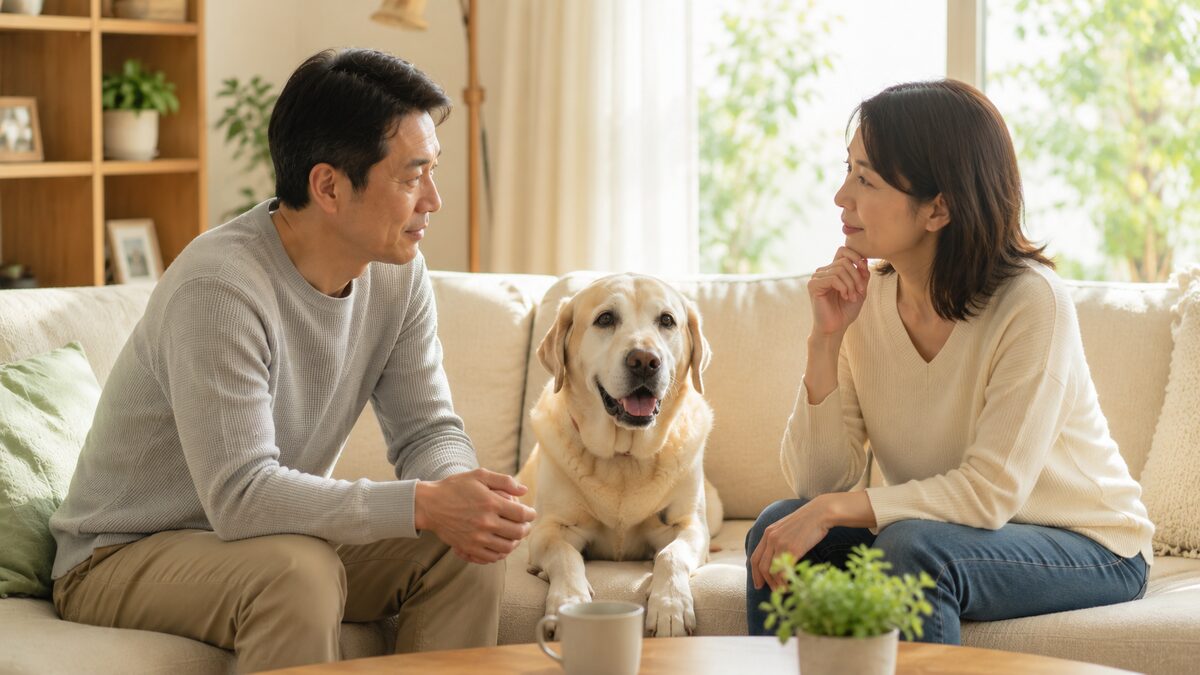 老犬のそばで話し合う夫婦