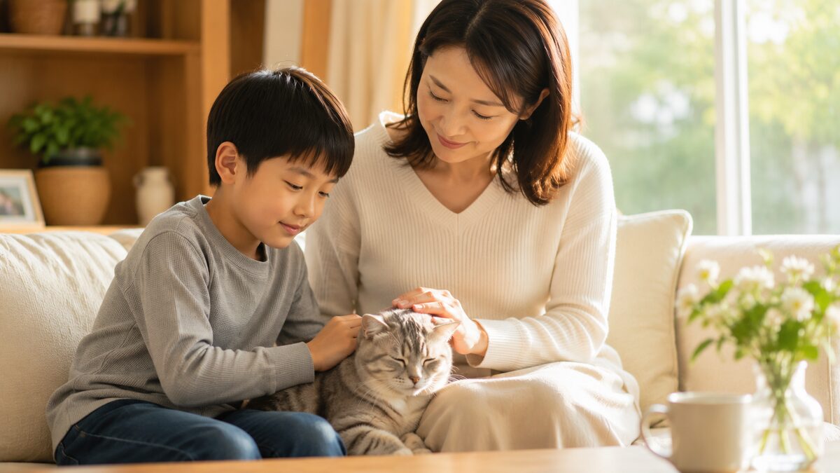 老猫に寄り添う母親と息子
