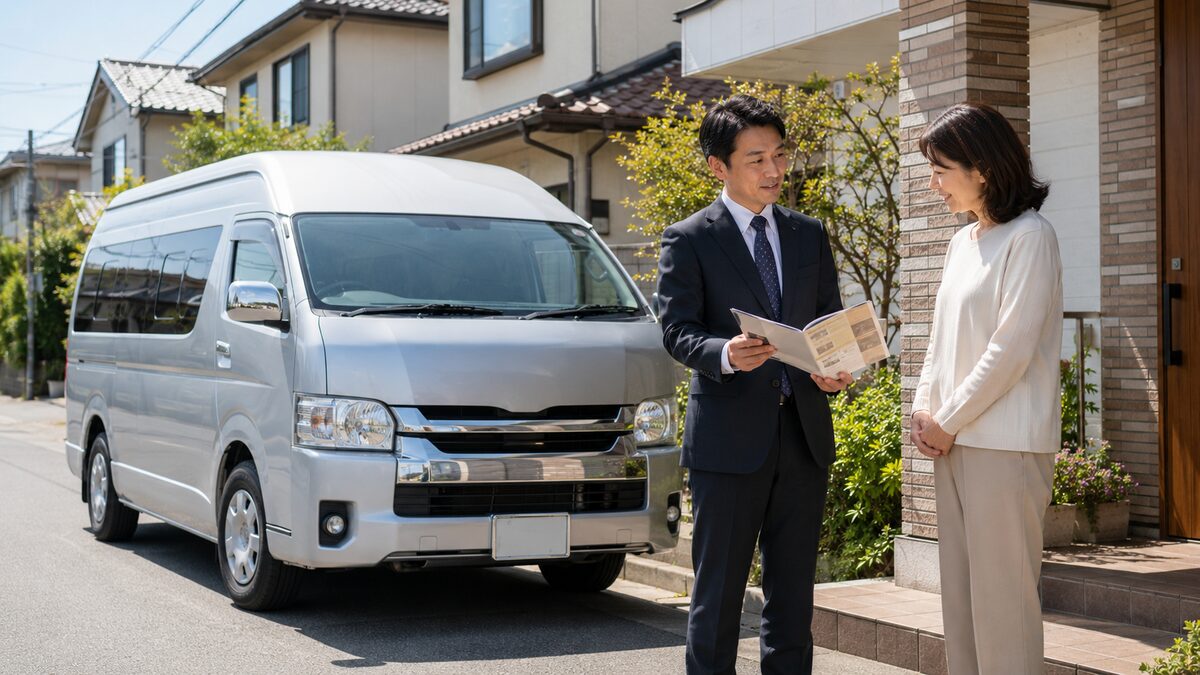 シルバーのハイエースワゴンの前で料金を説明するスタッフ