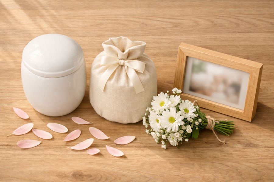 木目のテーブルに白い陶器の骨壺とクリーム色のリネンカバーと白い菊の花束を並べた俯瞰のフラットレイ