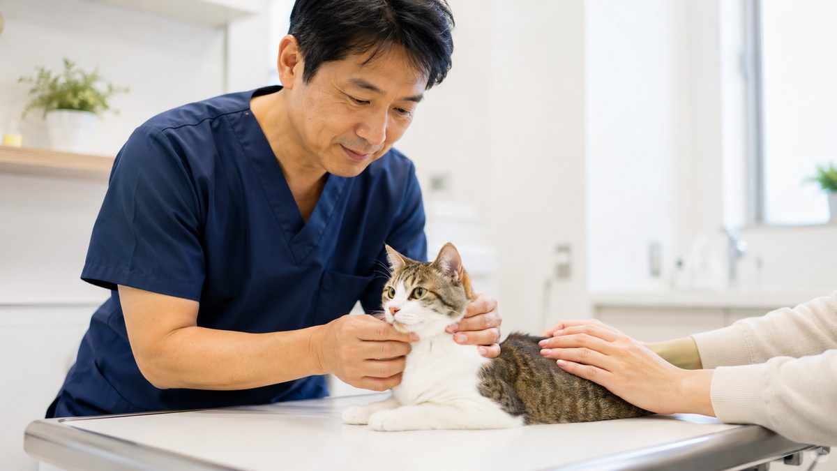 動物病院で健康な猫を穏やかに診察する40代男性の獣医