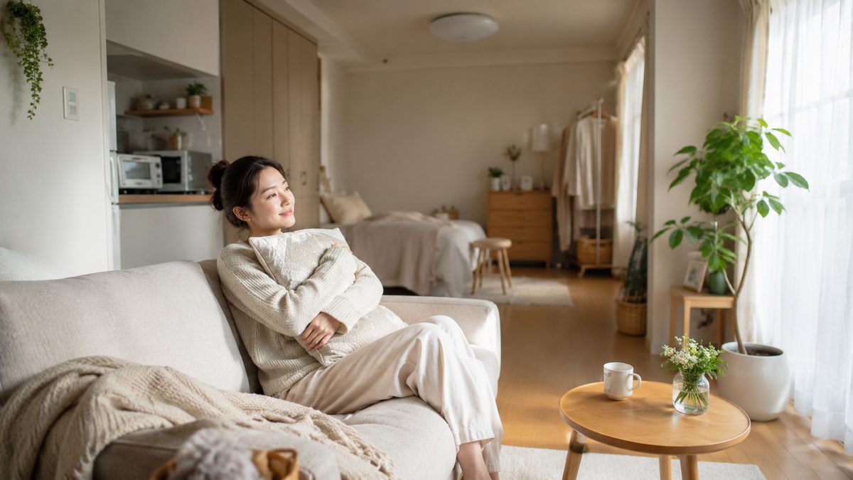 ワンルームのソファでクッションを抱える穏やかな表情の女性
