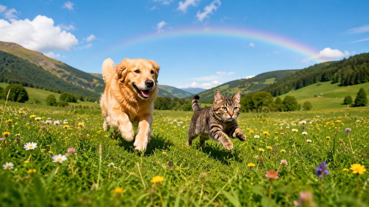 花畑を走る元気な犬と猫と遠くにかかる虹