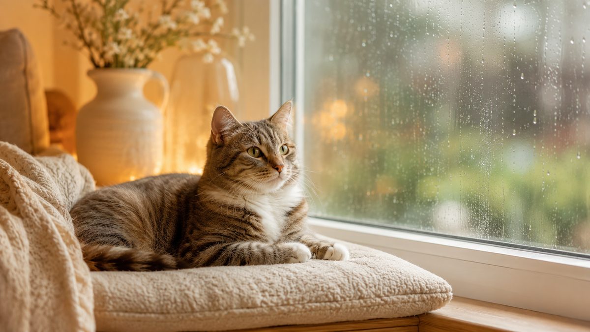 やわらかな雨が降る窓辺で、暖かな室内の光に包まれた猫が穏やかにくつろいでいる様子