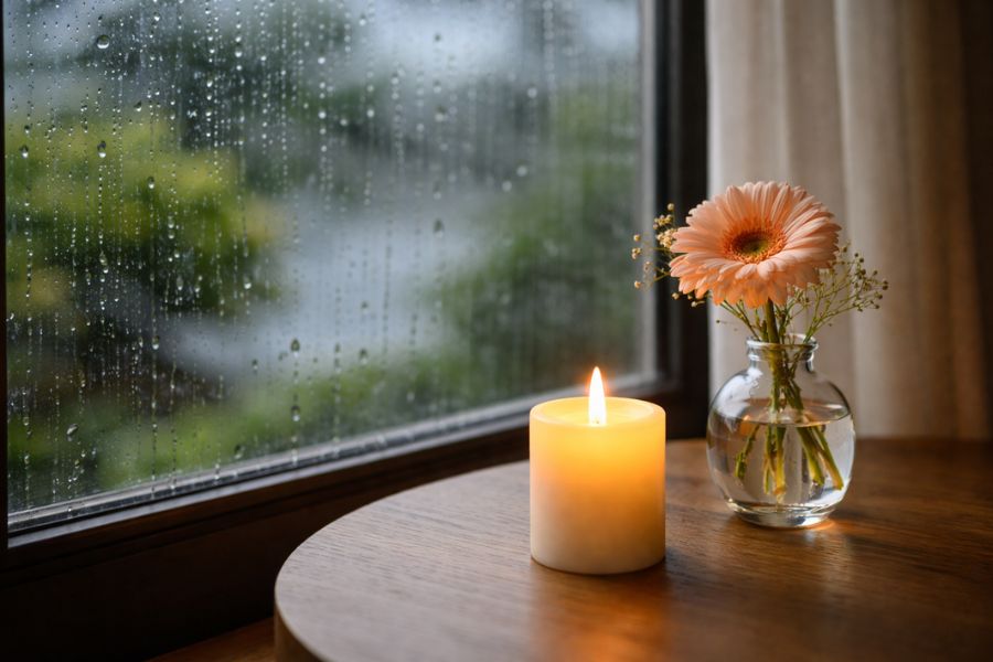 雨粒が流れる窓ガラスの手前でLEDキャンドルとガーベラの花瓶が温かな光を灯す窓辺