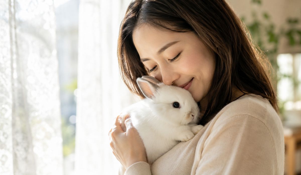 朝の窓辺で白いネザーランドドワーフを胸元に抱き頬を寄せて穏やかに微笑む日本人女性のバストアップ
