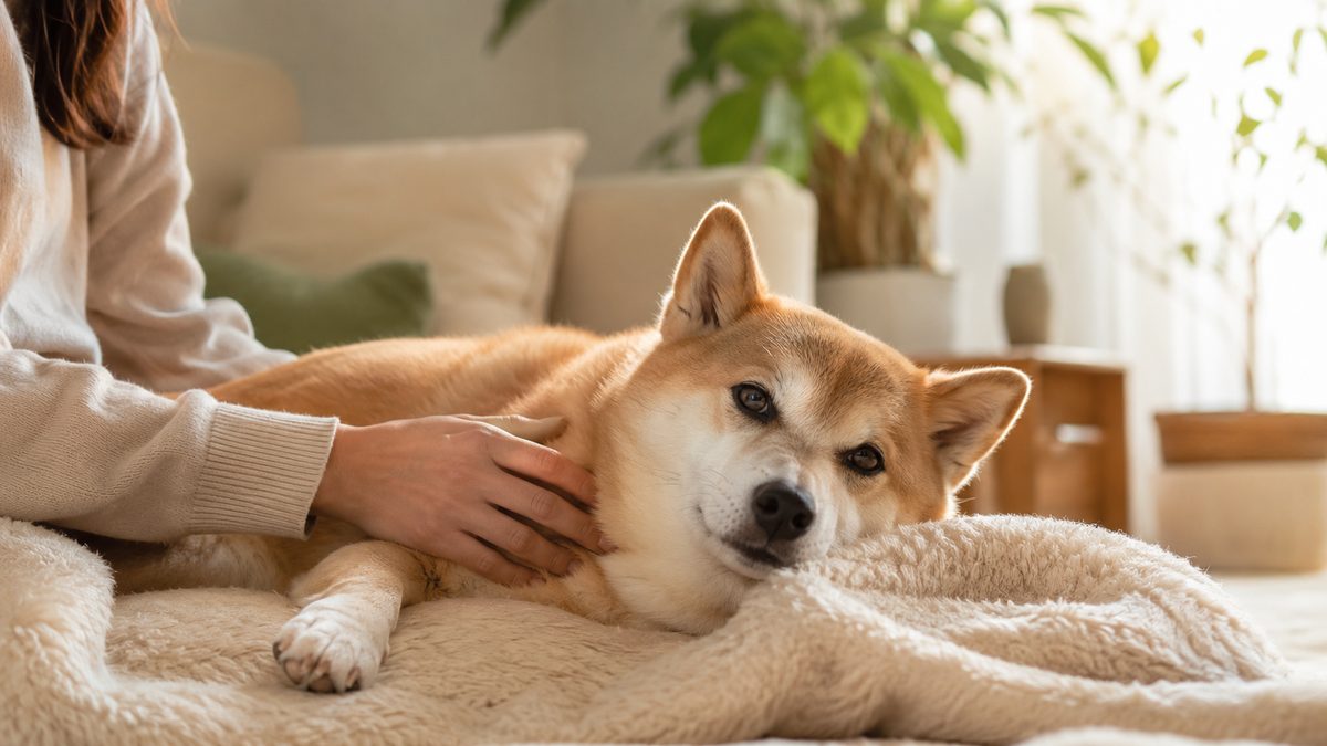 リビングのブランケットに横たわる口元の白いシニア柴犬と、背にそっと手を添える飼い主