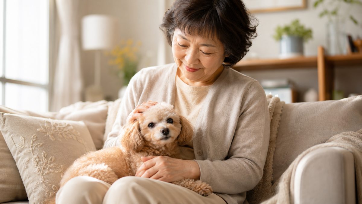 ソファで膝にのせたトイプードルを優しい笑顔で見つめる年配の女性