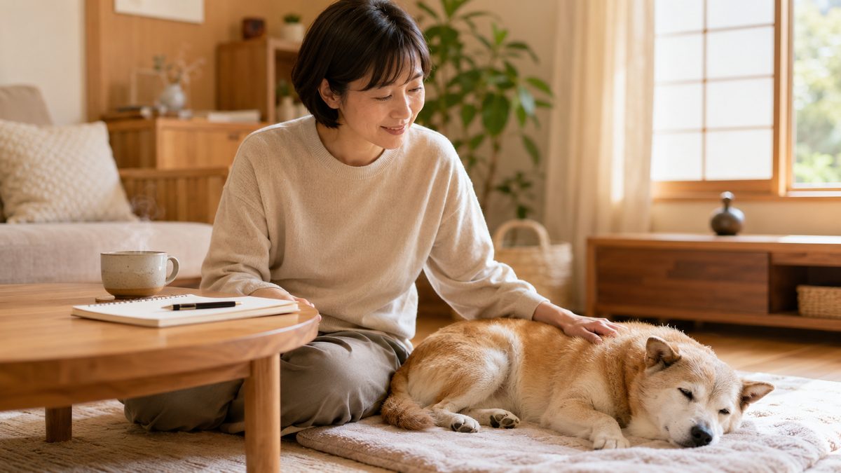 ローテーブルのそばに座り、横たわる柴犬をなでる女性とメモ帳と湯気の立つお茶