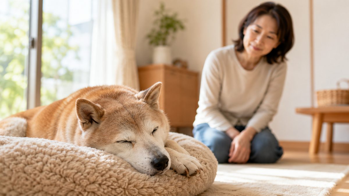 ふかふかのベッドで眠る柴犬と、少し離れた床に座って見守る女性