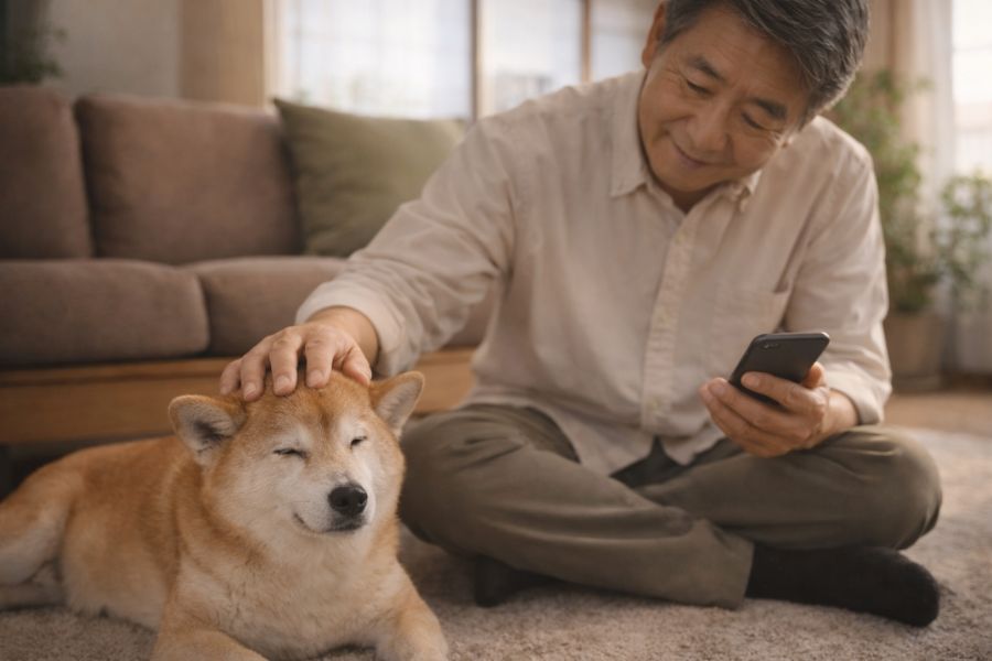 リビングのラグの上で目を細めるシニア柴犬の頭を優しく撫でながらスマートフォンを持つ日本人男性
