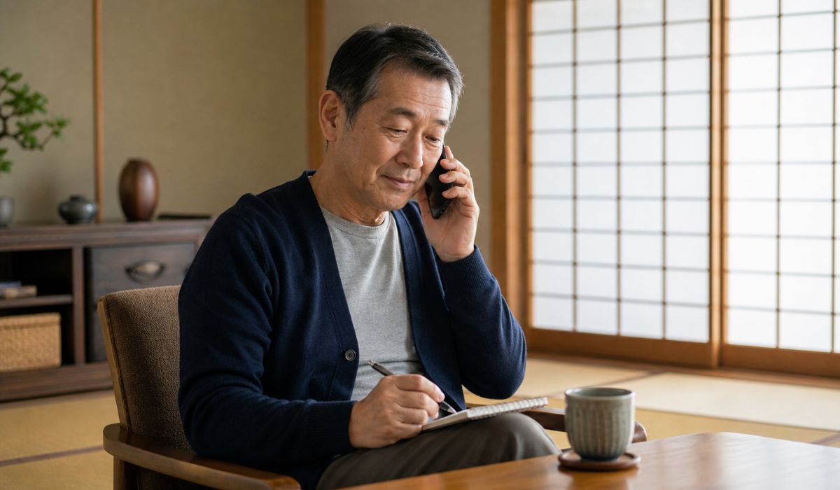 和の落ち着いたリビングで座椅子に腰掛けスマートフォンを耳に当てメモ帳とペンを手にする60代の日本人男性