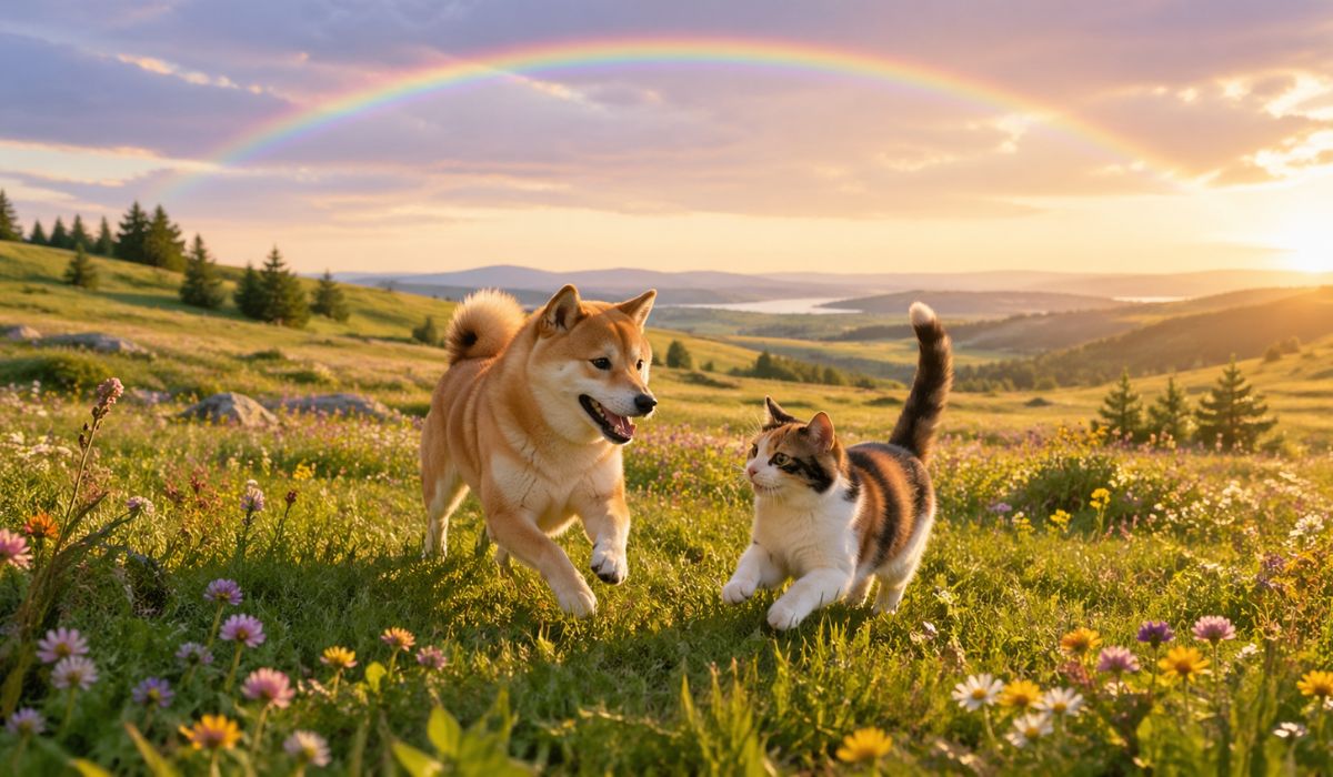 野花が咲く緑の草原で楽しそうに遊ぶ柴犬と三毛猫、遠景に柔らかな虹がかかる風景