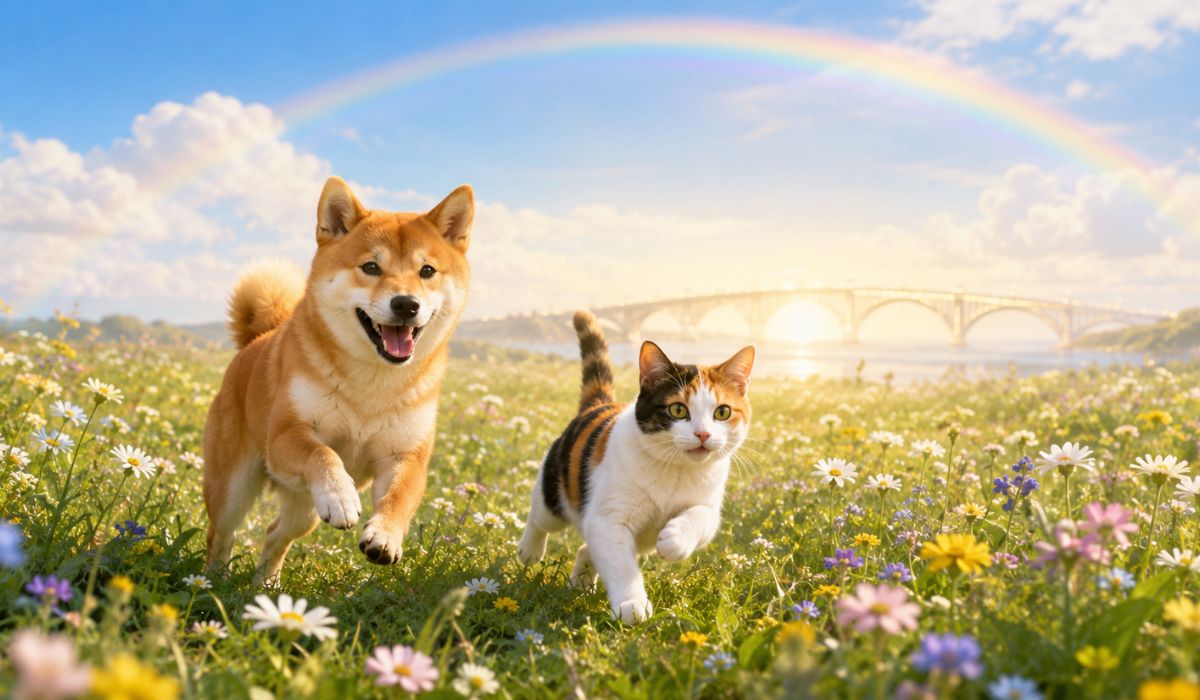 色とりどりの野花が咲く緑の草原で楽しそうに走り回る柴犬と三毛猫と遠景に淡くかかる虹